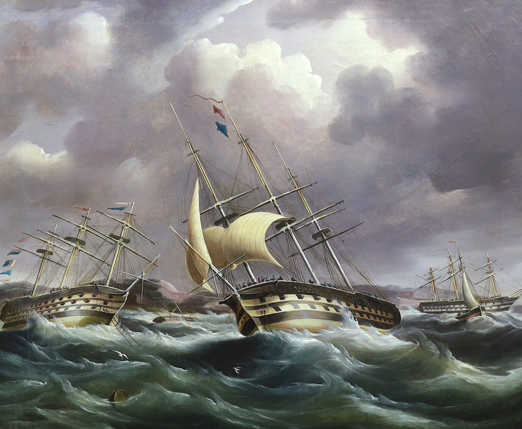 B. Spencer (19th C.), Frigates in heavy seas, oil on canvas, 50 x 60cm